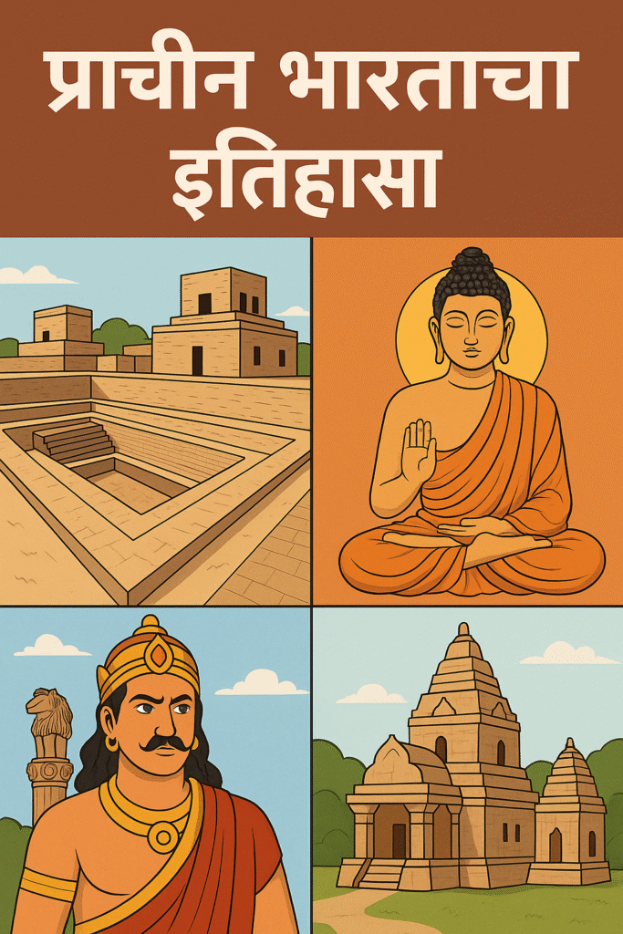 प्राचीन भारताचे दृश्य – सिंधू घाटी संस्कृतीची वास्तू, भगवान बुद्ध, मौर्य सम्राट आणि प्राचीन हिंदू मंदिरे
