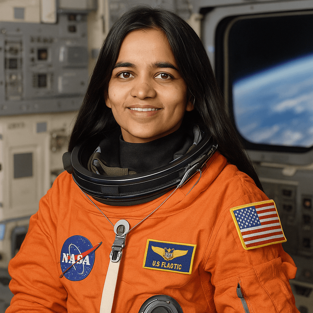 NASA अंतराळवेशात उभ्या असलेल्या कल्पना चावला, पार्श्वभूमीला कोलंबिया यान, पृथ्वी आणि तारे.