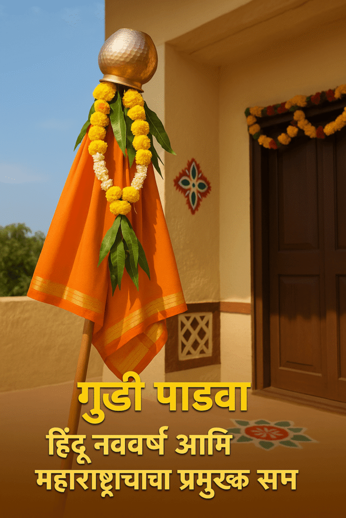 गुढी पाडवा साजरा करणारे मराठी कुटुंब, पारंपरिक पोशाखात, सजवलेली गुढी, रंगोळी आणि आकाशात सूर्यप्रकाश.