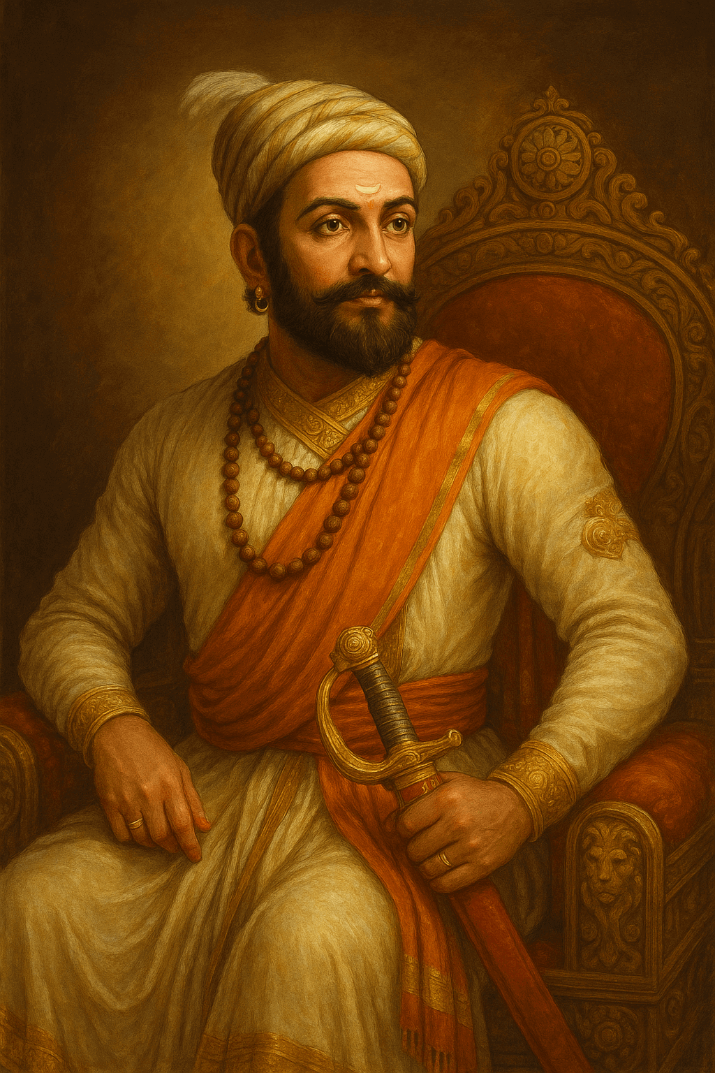 A regal portrait of Chhatrapati Shivaji Maharaj seated on a carved throne, wearing traditional royal attire with a turban, rudraksha mala, and holding a sword.