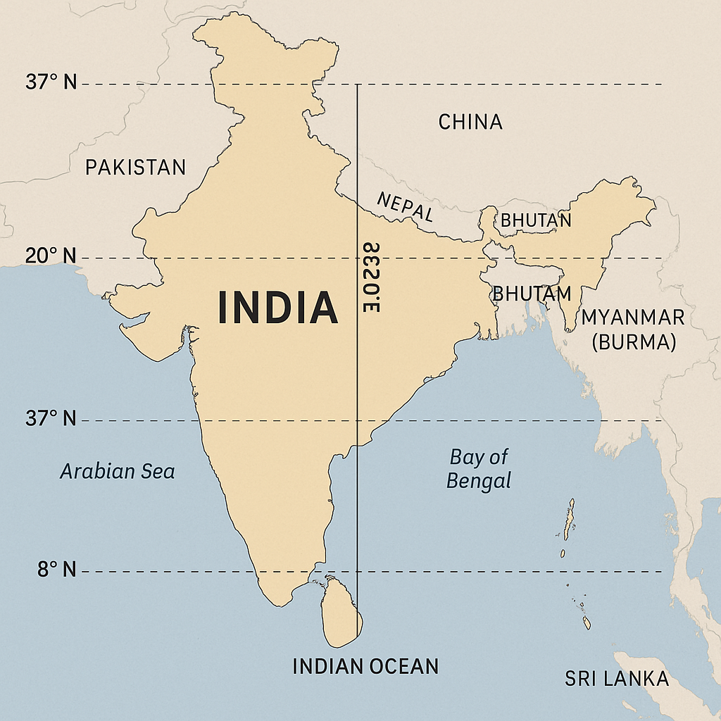 भारताचा नकाशा दर्शवणारी इमेज ज्यामध्ये भारताचे अक्षांश-रेखांश, सीमारेषा आणि शेजारी देश स्पष्ट दाखवले आहेत.
