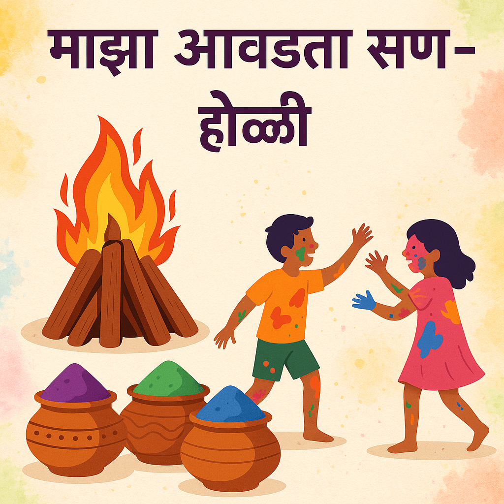 होळी सण साजरा करताना दोन मुले, मागे होलिका दहन आणि समोर रंगांची कुंडी.