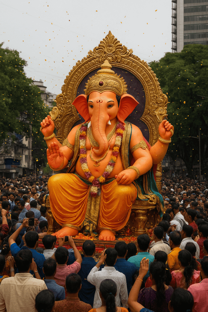 " गणेशोत्सव मुंबईतील लालबागचा राजा गणपती मूर्ती आणि दर्शनासाठी जमलेली भाविकांची गर्दी"
