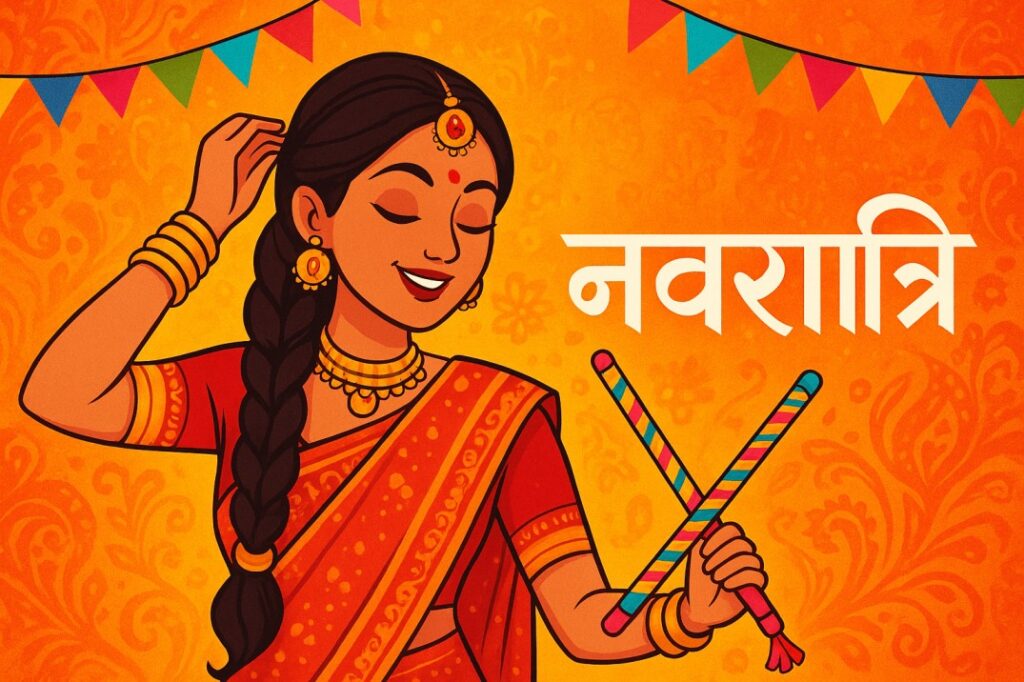 रंगीबेरंगी देवी दुर्गेची मूर्ती, अनेक हातांमध्ये शस्त्रे आणि चिन्हे धरलेली, मंदिराच्या उत्सवी पार्श्वभूमीवर सजावटासह, २०२५ च्या नवरात्री आणि दुर्गा पूजेचे प्रतीक नवरात्री २०२५