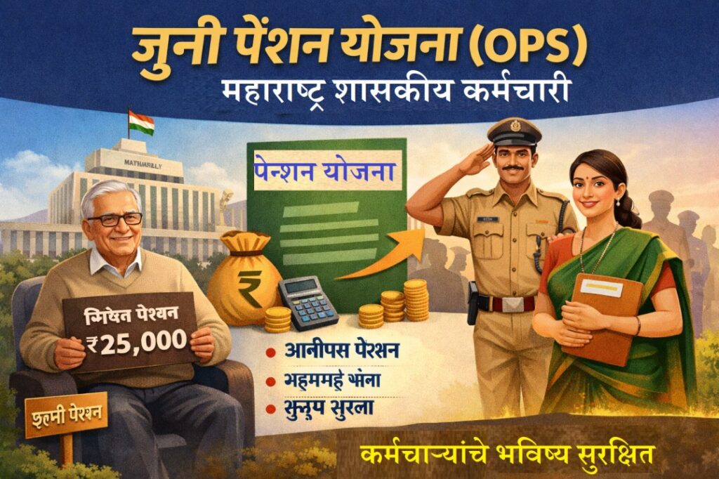 जुनी पेन्शन योजना (OPS) अंतर्गत महाराष्ट्र सरकारी कर्मचाऱ्यांसाठी निश्चित पेन्शन, आजीवन सुरक्षा आणि कुटुंब संरक्षण दर्शविणारी साधी माहितीपर प्रतिमा