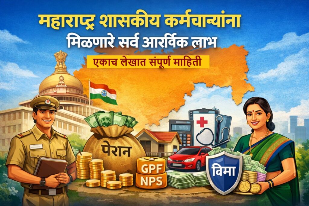 महाराष्ट्र शासकीय कर्मचाऱ्यांचे आर्थिक लाभ दर्शवणारे फीचर इमेज – वेतन, पेन्शन, GPF, NPS, विमा व वैद्यकीय सुविधा