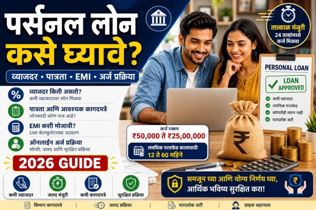 पर्सनल लोन कसे घ्यावे यावरील माहितीपूर्ण बॅनर, ज्यामध्ये व्याजदर, पात्रता, EMI, ऑनलाइन अर्ज प्रक्रिया, कर्ज मंजुरी, लॅपटॉप वापरणारे जोडपे आणि पर्सनल लोन मंजुरीचे दृश्य दाखवले आहे.