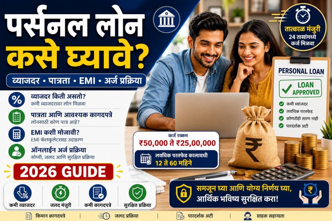 पर्सनल लोन कसे घ्यावे यावरील माहितीपूर्ण बॅनर, ज्यामध्ये व्याजदर, पात्रता, EMI, ऑनलाइन अर्ज प्रक्रिया, कर्ज मंजुरी, लॅपटॉप वापरणारे जोडपे आणि पर्सनल लोन मंजुरीचे दृश्य दाखवले आहे.