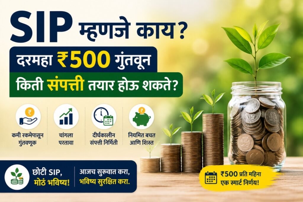 “SIP म्हणजे काय” या विषयावरील फीचर इमेज ज्यामध्ये ₹500 SIP गुंतवणुकीद्वारे संपत्ती निर्मिती दाखवली आहे. इमेजमध्ये नाण्यांचे स्टॅक, रोप वाढताना, आणि बचत व गुंतवणुकीशी संबंधित आयकॉन्स दिसत आहेत.