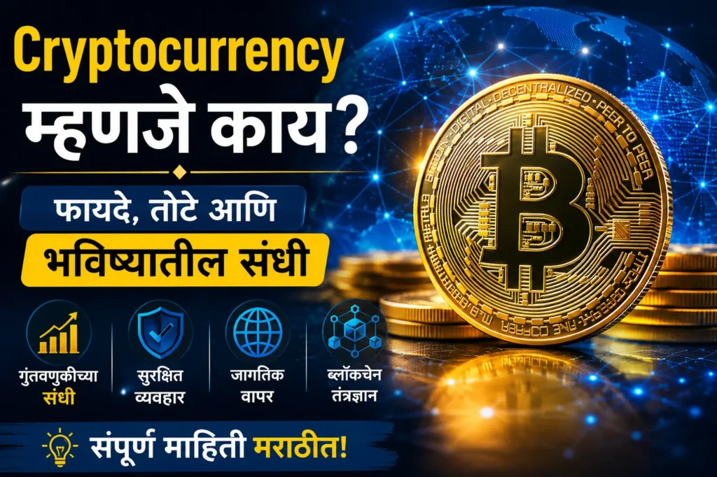 Cryptocurrency म्हणजे काय यावरील मराठी ब्लॉग फीचर इमेज. डिजिटल ब्लॉकचेन नेटवर्कच्या पार्श्वभूमीवर चमकदार सोनेरी Bitcoin नाणे, गुंतवणुकीच्या संधी, सुरक्षित व्यवहार, जागतिक वापर आणि ब्लॉकचेन तंत्रज्ञान दर्शविणारे आयकॉन्स.