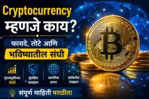 Cryptocurrency म्हणजे काय यावरील मराठी ब्लॉग फीचर इमेज. डिजिटल ब्लॉकचेन नेटवर्कच्या पार्श्वभूमीवर चमकदार सोनेरी Bitcoin नाणे, गुंतवणुकीच्या संधी, सुरक्षित व्यवहार, जागतिक वापर आणि ब्लॉकचेन तंत्रज्ञान दर्शविणारे आयकॉन्स.