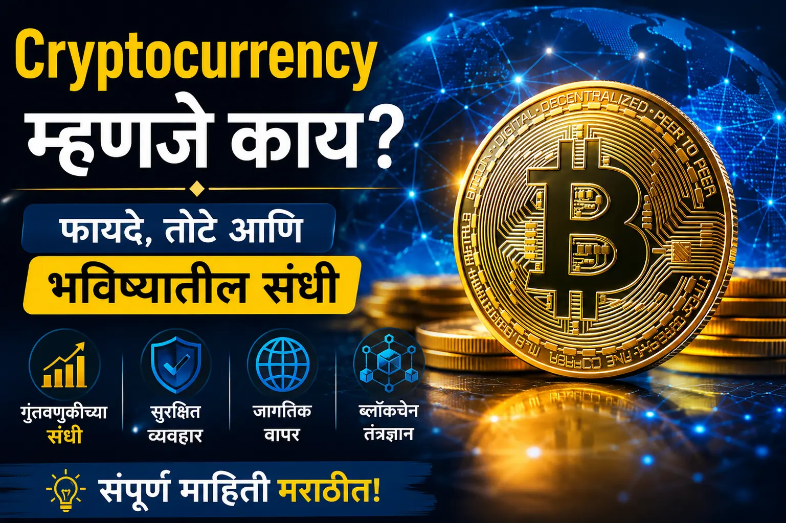 Cryptocurrency म्हणजे काय यावरील मराठी ब्लॉग फीचर इमेज. डिजिटल ब्लॉकचेन नेटवर्कच्या पार्श्वभूमीवर चमकदार सोनेरी Bitcoin नाणे, गुंतवणुकीच्या संधी, सुरक्षित व्यवहार, जागतिक वापर आणि ब्लॉकचेन तंत्रज्ञान दर्शविणारे आयकॉन्स.