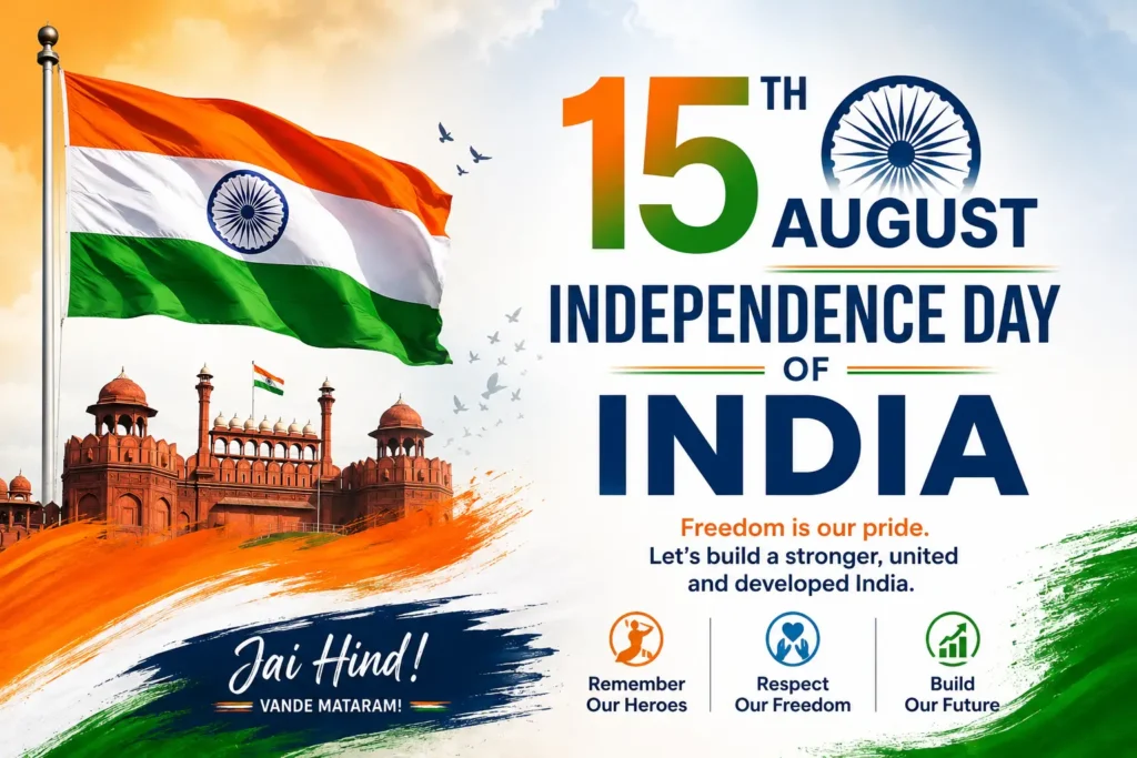 Indian Independence Day 2026 feature image showing the Indian national flag, Red Fort, Ashoka Chakra, and patriotic 15 August banner with Jai Hind message. 15 August Speech in English