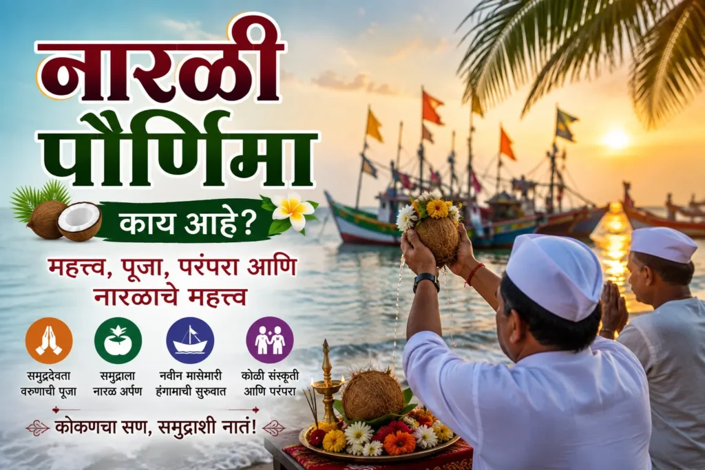नारळी पौर्णिमा - नारळी पौर्णिमेला समुद्राला नारळ अर्पण करताना मच्छीमार